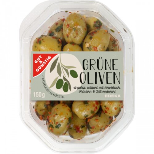 GUT&GÜNSTIG Grüne Oliven mit Chili Knoblauch&Kräutern 150g