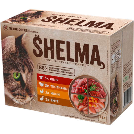 Shelma getreidefrei Katze Huhn/Rind/Ente/Truthahn in Sauce 12x85g