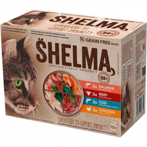 Shelma getreidefrei Katze Huhn/Rind/Lachs/Kabeljau in Sauce 12x85g