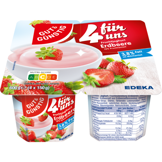 Gut & Günstig Fruchtjoghurt Erdbeer 3,8% 4x150g