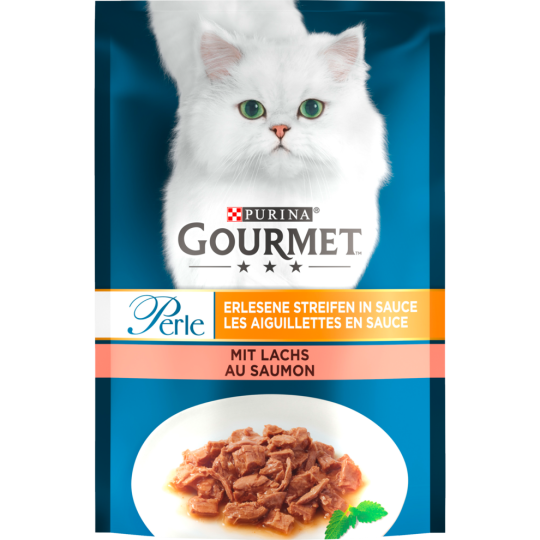 Gourmet Perle Erlesene Streifen mit Lachs Katzennassnahrung 85g
