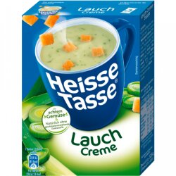 Heisse Tasse Lauch-Creme-Suppe mit Croutons für...