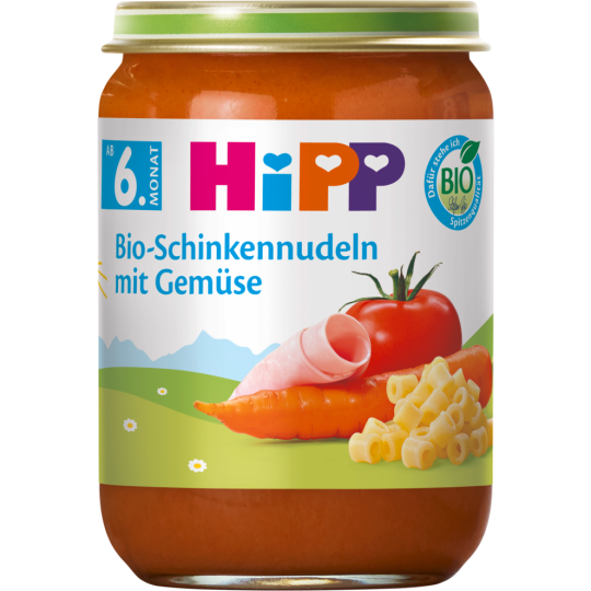 Bio Hipp Menüs Schinkennudeln mit Tomaten und Karotten ab dem 6.Monat 190g