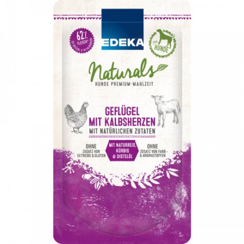 EDEKA Naturals Dog Geflügel mit Kalbsherzen,Naturreis, Kürbis und Distelöl 125g