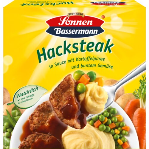 Sonnen Bassermann Hacksteaks mit Kartoffelpüree und buntem Gemüse 480g