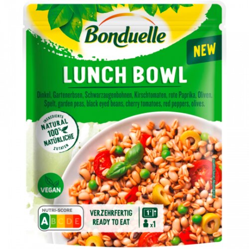 Bonduelle Lunch Bowl Dinkel+Gartenerbsen+Schwarzaugenbohnen+Kirschtomaten+rote Paprika+Oliven 250g