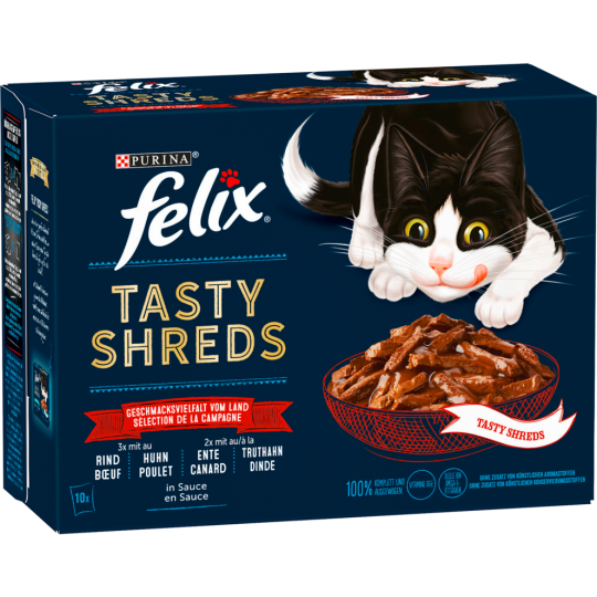 Felix Tasty Shreds Gegrilltes in Sauce Geschmachsvielfalt vom Land 10x80g
