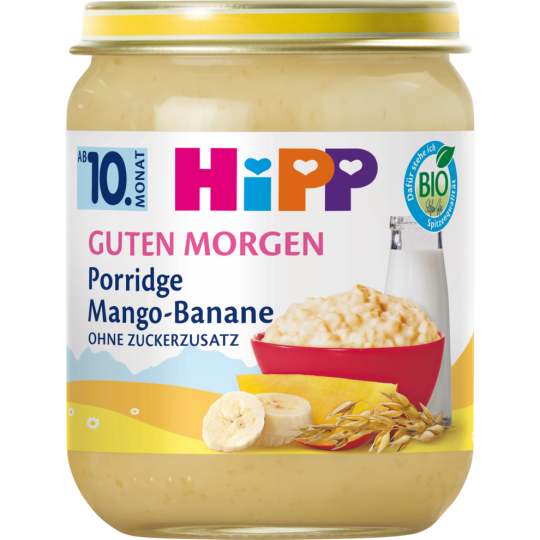 Bio Hipp Frühstücks-Porridge Mango-Banane-Haferbrei ohne Zuckerzusatz ab 10.Monat 160g