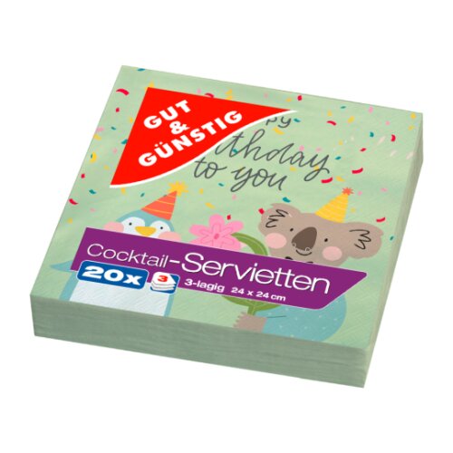 Gut & Günstig Cocktailservietten Happy Birthday Tiere 3-lagig 24x24cm 20ST