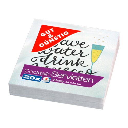 Gut & Günstig Cocktailservietten Save Water drink Prosecco 3-lagig 24x24cm 20ST